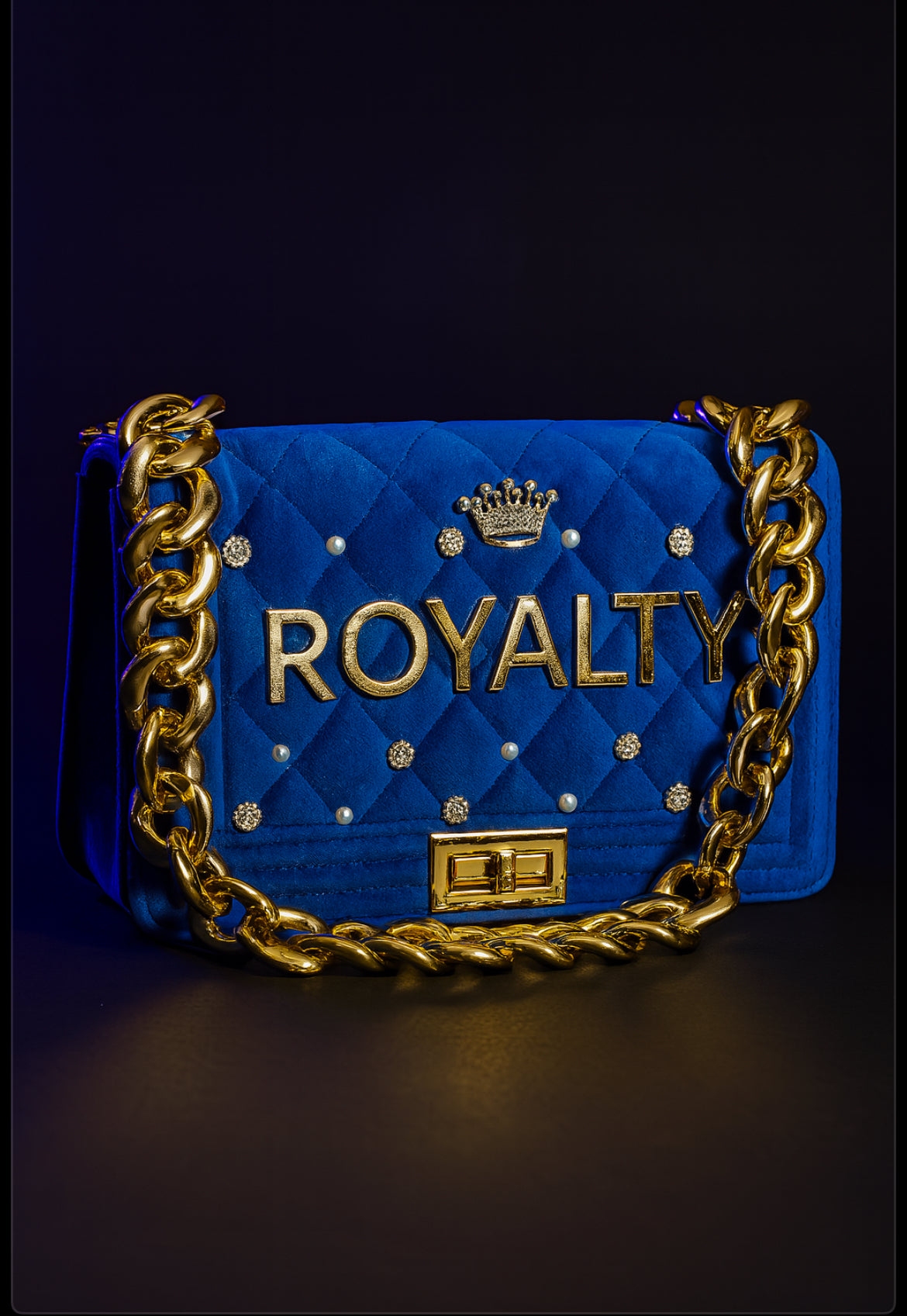 Crown Her – Luxe Royal Blue Velvet Chain Bag